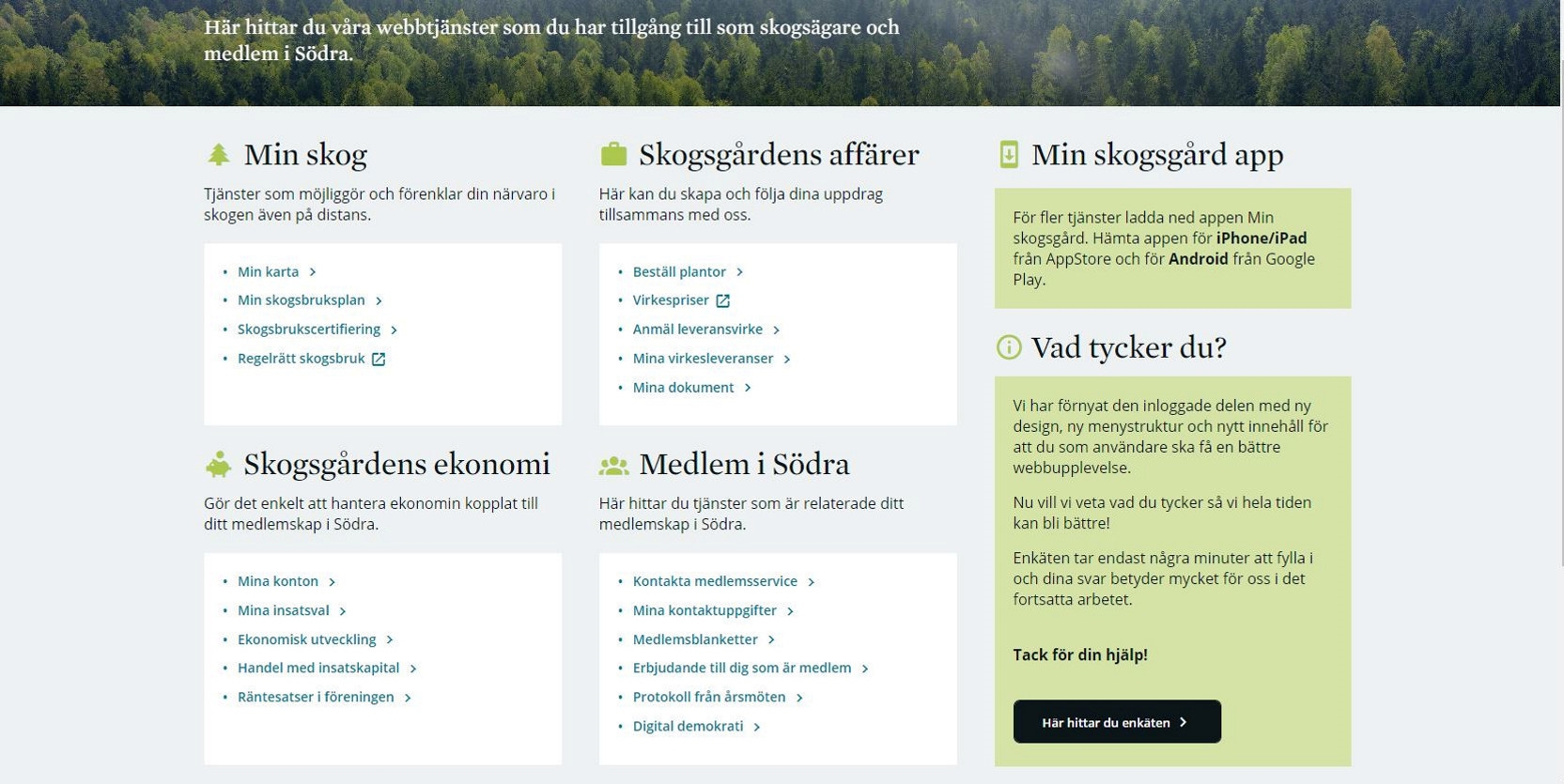 Skärmdump på nya designen för Min skogsgård.