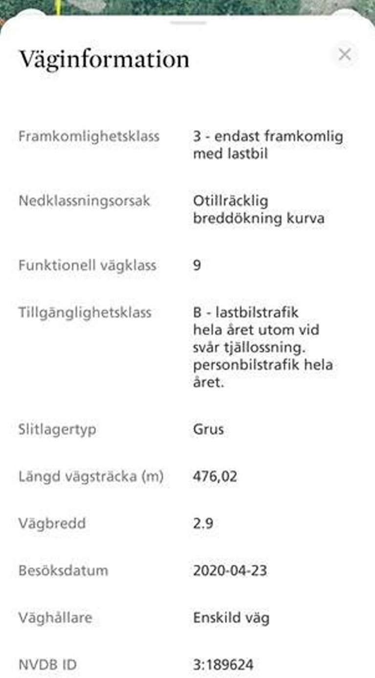 Skärmdump väginformation appen Min skogsgård