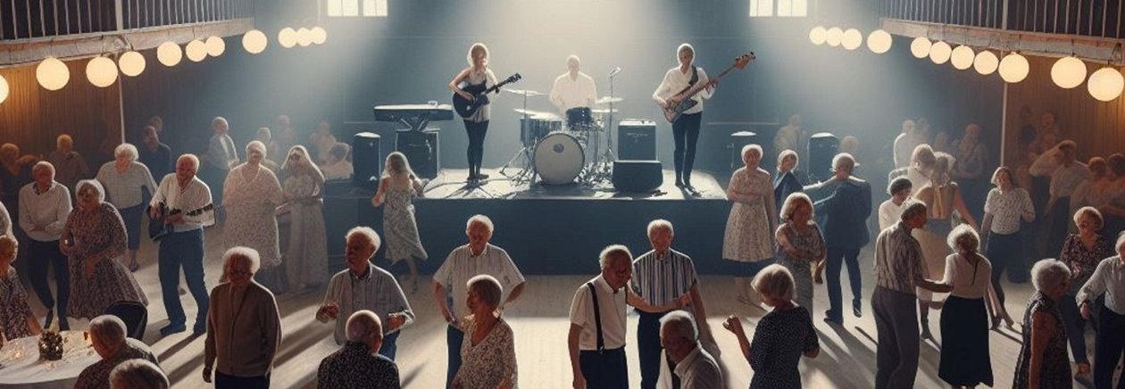 Fest med människor som dansar framför ett liveband.