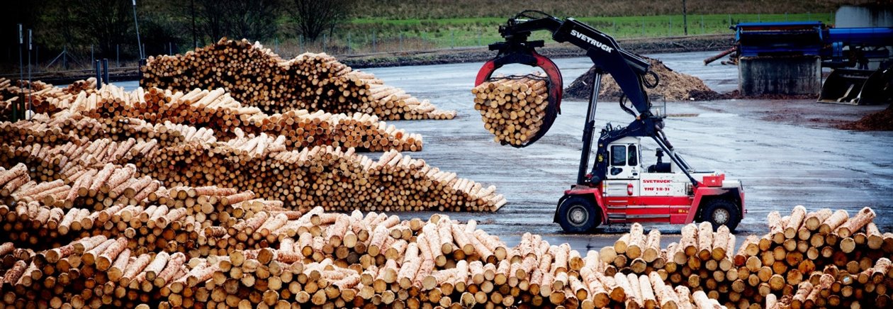 En timmertruck vid Södra Wood Värös timmerlager
A log stacker working in the timber yard at Södra Wood Värö.