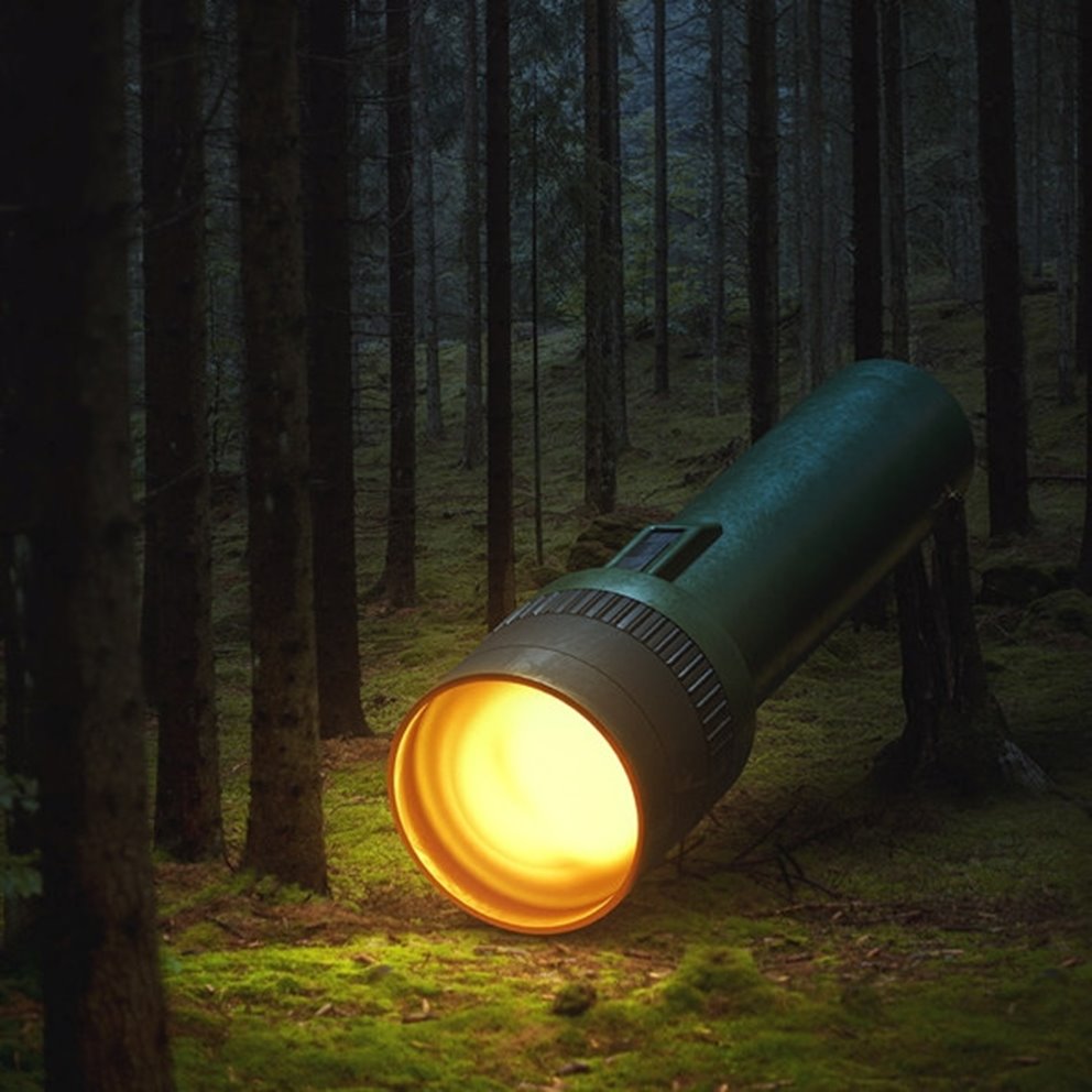 Jättestor ficklampa lyser i skogen.