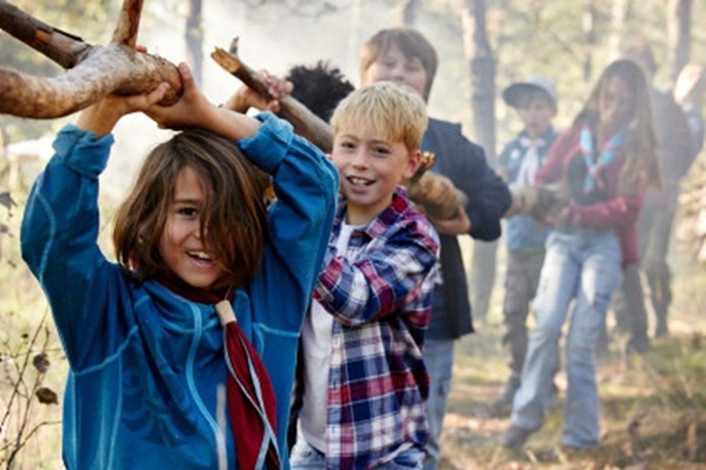 Barn som bär på en gren.