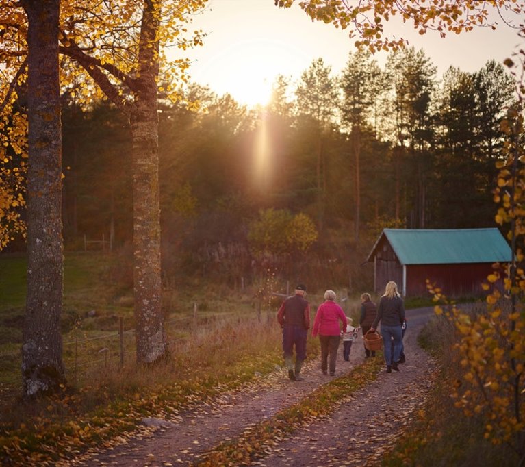 Skogsbrukar familj gående ifrån mot gården