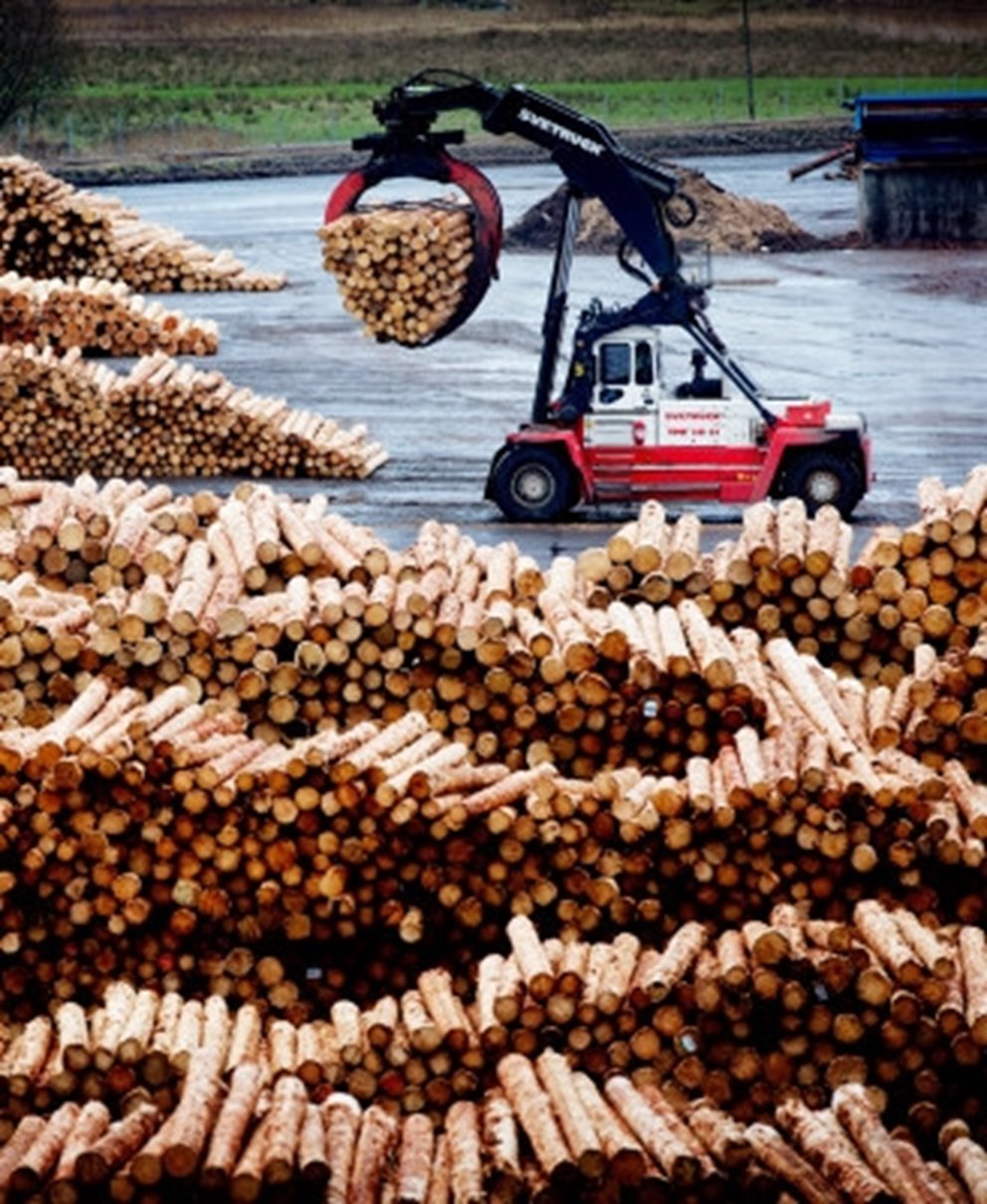 En timmertruck vid Södra Wood Värös timmerlager 

A log stacker working in the timber yard at Södra Wood Värö.