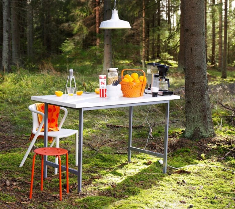 Södra El. Energi. Bild från Södra Els erbjudande till medlemmar och anställda. Frukost i skogen. Frukostbord. Taklampa. Mjölkpaket. Stol. Pall. Handduk. Apelsiner. Apelsinpress. Kaffebryggare. Mossa.Trädstam. Korg. Frukostflingor. Morgonrock. Nattlinne.