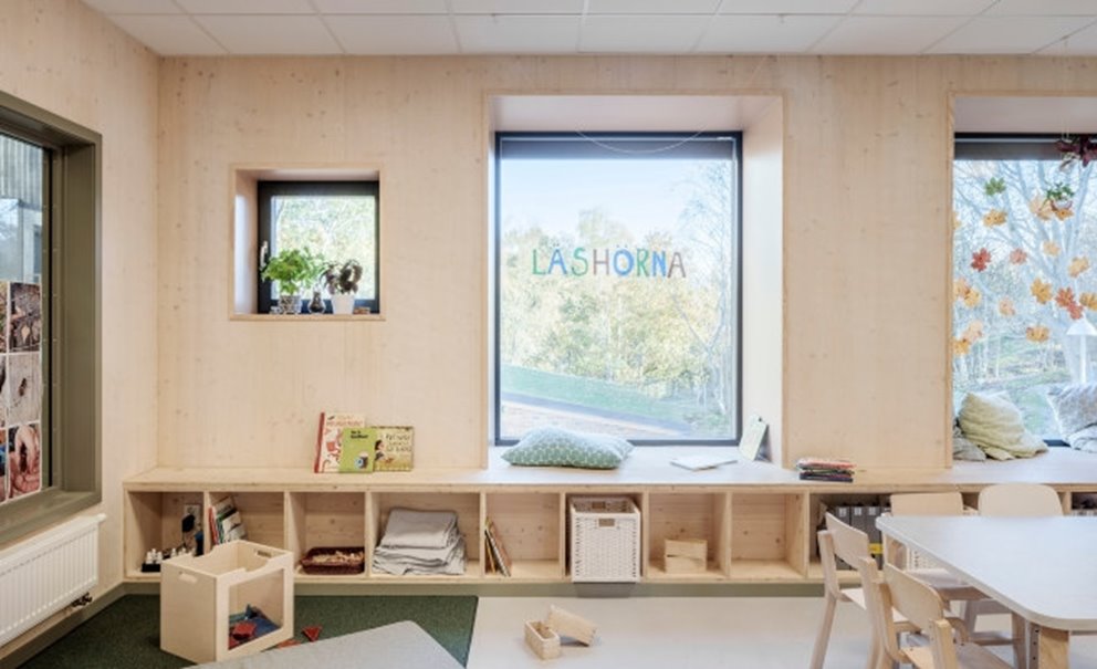 Förskolan hoppet byggd med KL-trä i stomme och som interiört synlig yta. Projekt i Göteborg av Södra Building Systems.