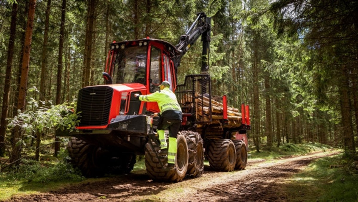 Man i varselkläder klättrar upp i en röd skotare som står på en skogsväg.