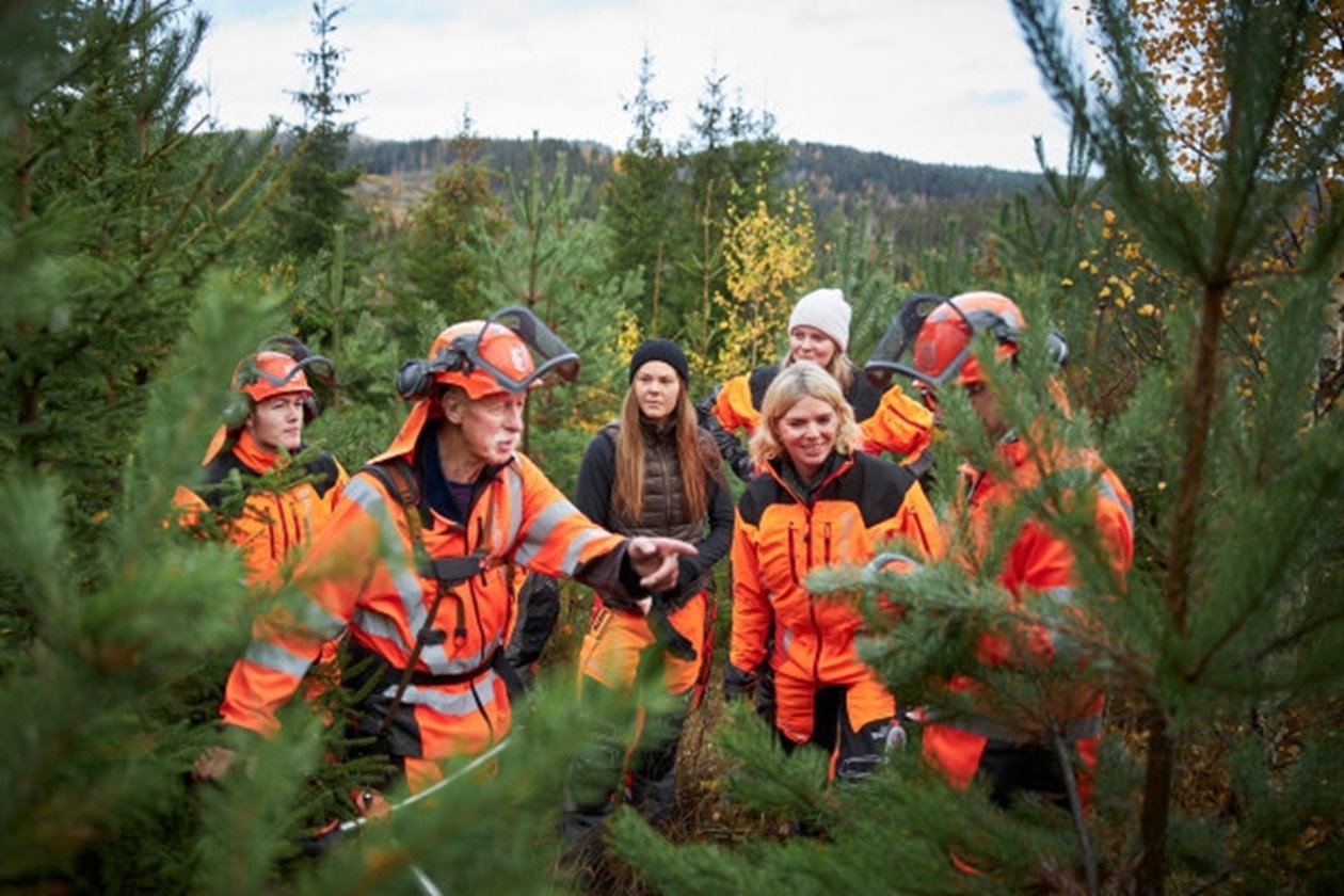 Bild från reportage med Anders Roman, ledamot i Södras styrelse. Södrakontakt nr 4 2019.
Bildtext: Familjedag i Skogen. Till vänster Edvin Jabeskog samt Jan Johansson.
A group of people visiting a forest being led by Anders Roman, a member of Södras board of directors. from Södra Kontakt nr. 4 2019.
Image text: Family day in the forest.
The two people on the left: Edvin Jabeskog and Jan Johansson.
