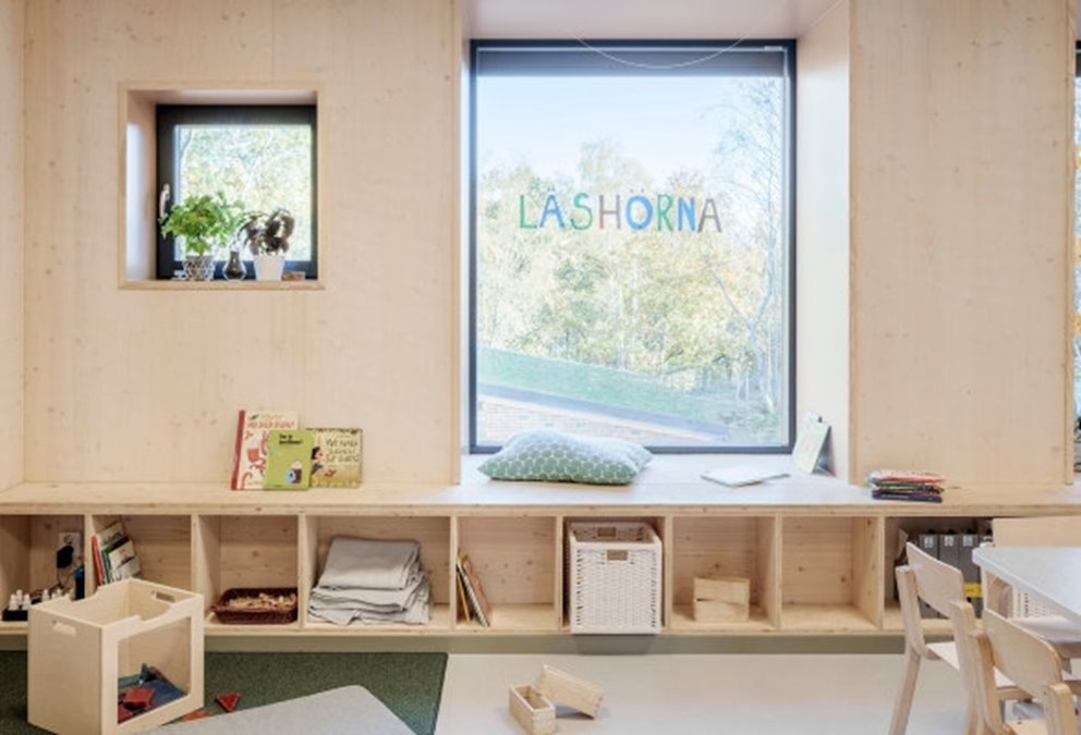 Förskolan hoppet byggd med KL-trä i stomme och som interiört synlig yta. Projekt i Göteborg av Södra Building Systems.