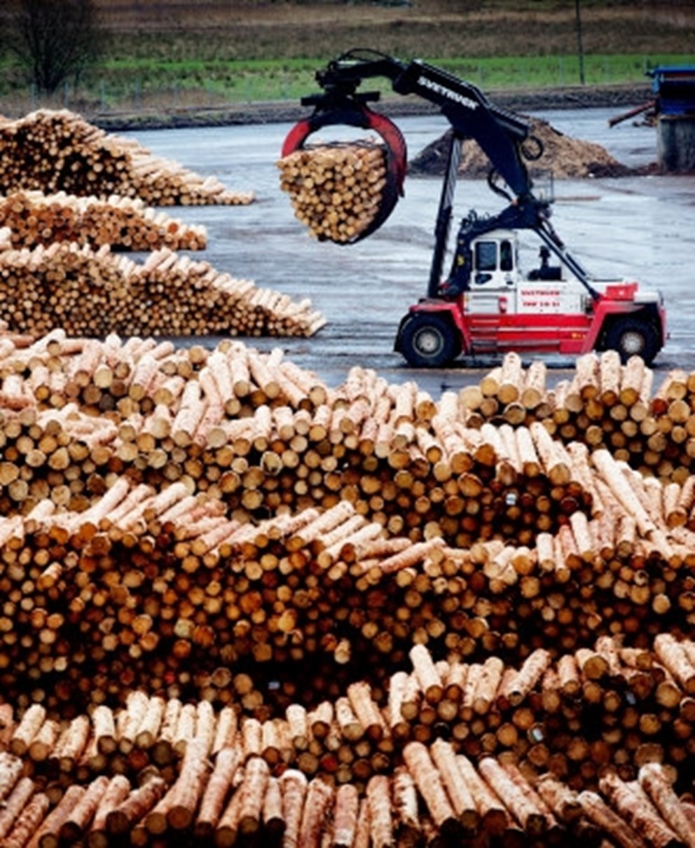 En timmertruck vid Södra Wood Värös timmerlager
A log stacker working in the timber yard at Södra Wood Värö.