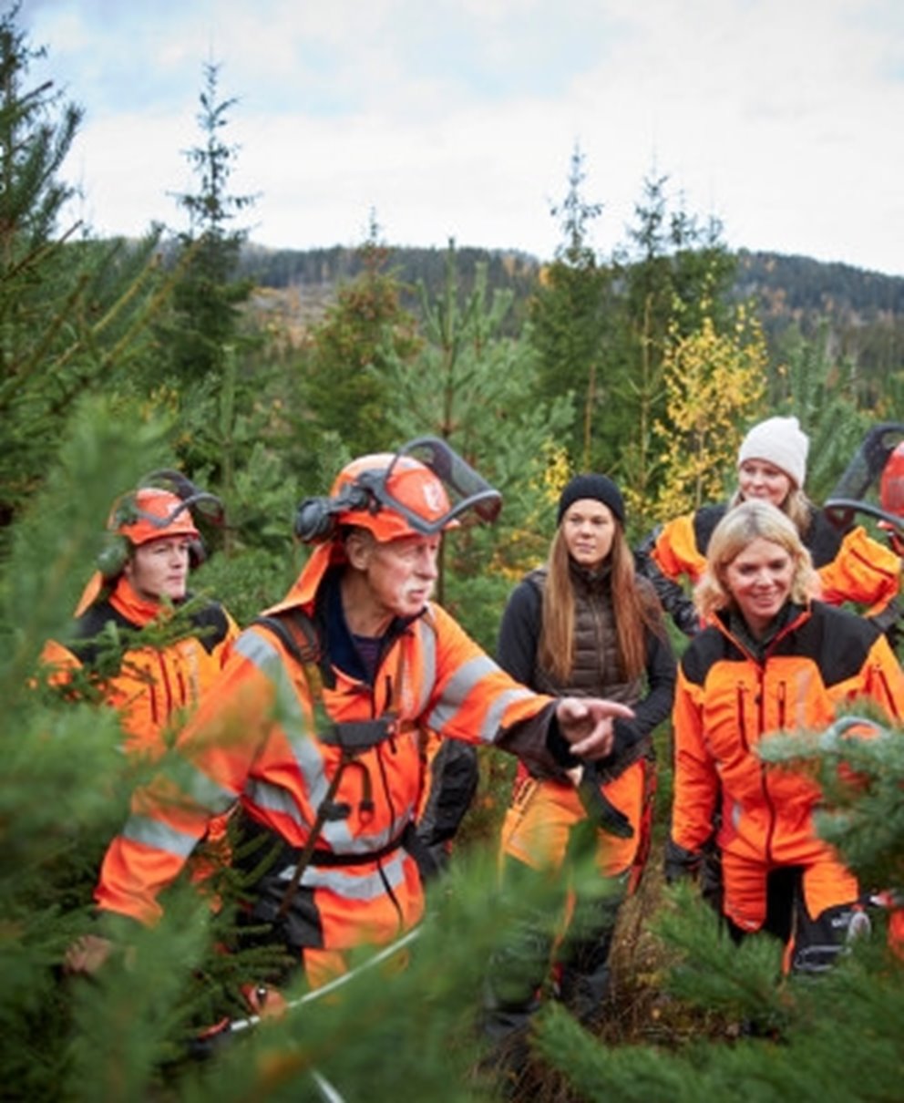 Bild från reportage med Anders Roman, ledamot i Södras styrelse. Södrakontakt nr 4 2019.
Bildtext: Familjedag i Skogen. Till vänster Edvin Jabeskog samt Jan Johansson.
A group of people visiting a forest being led by Anders Roman, a member of Södras board of directors. from Södra Kontakt nr. 4 2019.
Image text: Family day in the forest.
The two people on the left: Edvin Jabeskog and Jan Johansson.