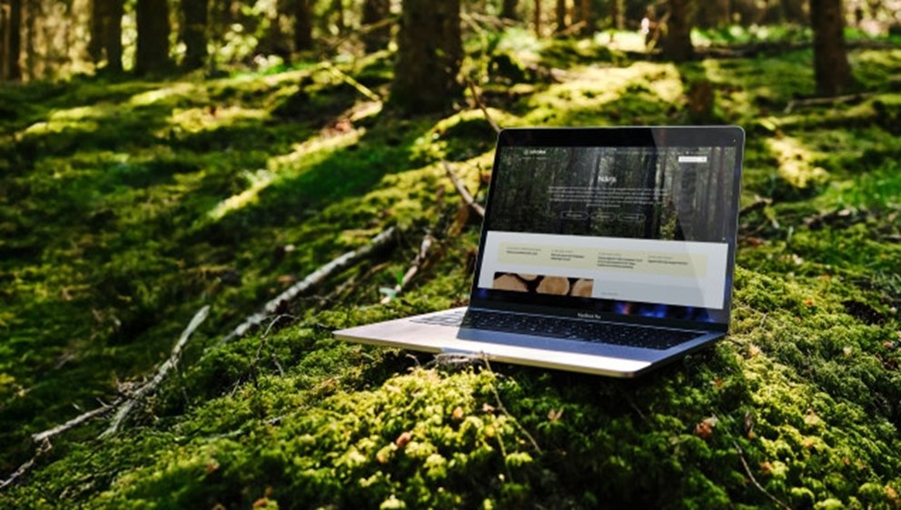 Mockup på dator i skogen som visar sodra.com 2025
