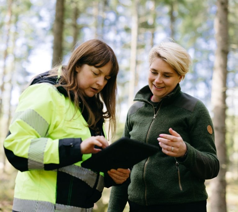 Anställd från Södra i skogen med skogsägare