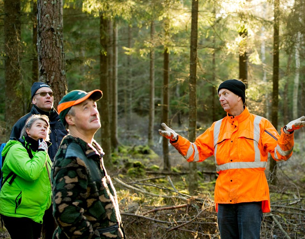 Södraskolan . Grundkurs för skogsägare i skogen utanför Vara. Kursledaren Lars Nilsson i Orangejacka
